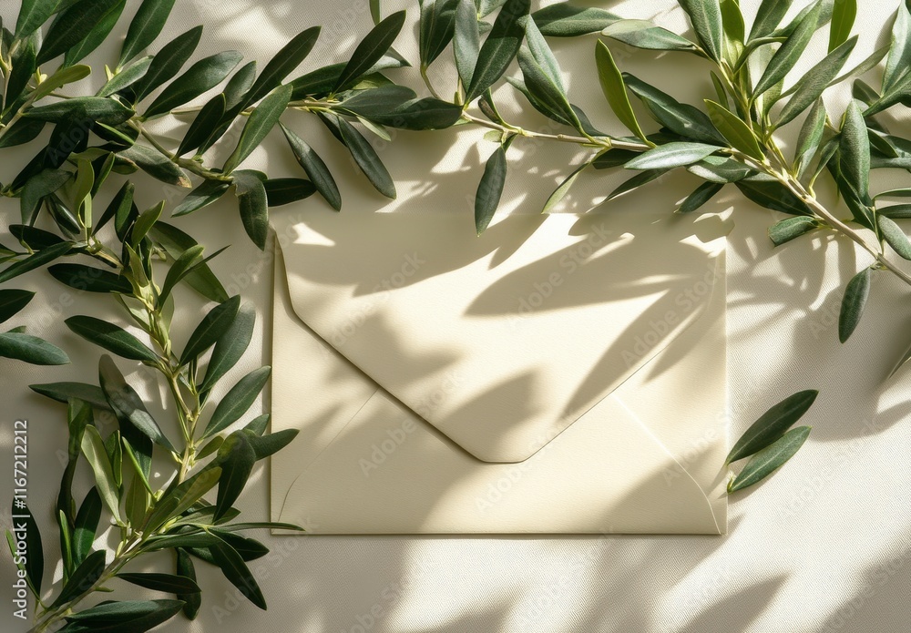 Poster elegant display of an envelope and olive branch on a textured surface with soft natural light