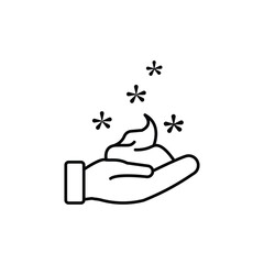 Sparkle Foam Cream on Hand Line Icon. Whipped Soap on Hand Linear Pictogram. Wash, Cleansing, Hygiene Skin Concept.