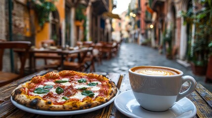 Vacations in Italy. Cup of espresso coffee with slices of pizza with beautiful italian street on the background. 