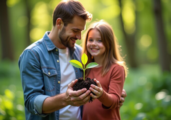 family holds young green seedling surrounded nature loving care father child together outside