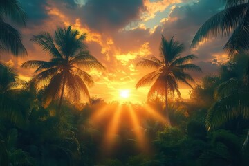 Obraz premium airplane soaring over lush palm trees against a stunning sunset sky rays of sun piercing through clouds this vibrant scene evokes a sense of adventure and the allure of tropical travel