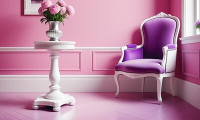 Elegant pink and purple room with vintage chair and floral decor