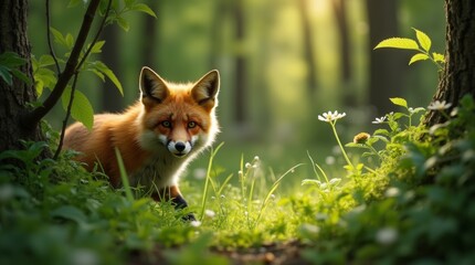 Naklejka premium A curious fox peeks through the underbrush of a lush forest, its vibrant orange fur contrasting beautifully with the green foliage. The sunlight filters through the trees, casting dappled shadows
