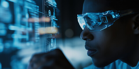 African American man interacting with futuristic digital interface in a high tech environment