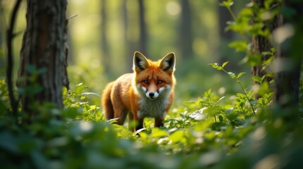 A curious fox peeks through the underbrush of a lush forest, its vibrant orange fur contrasting beautifully with the green foliage. The sunlight filters through the trees, casting dappled shadows