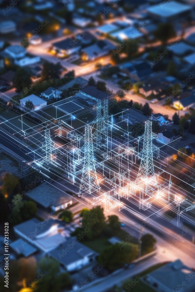 Poster aerial view of a sprawling high-voltage power grid highlighted by transparent blueprint layers.