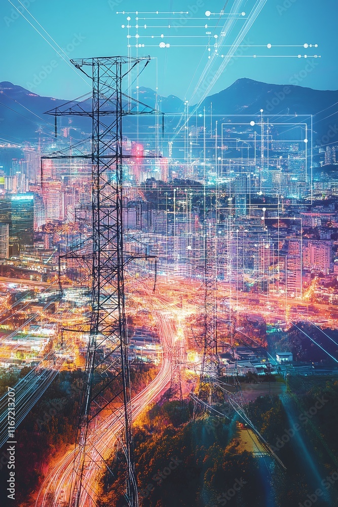 Poster aerial view of high-voltage power grids across a cityscape with network schematics superimposed.