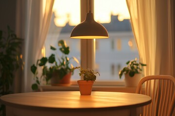 A warm lighting casts a soothing glow in this cozy home ideas scene, showcasing the inviting interior of house with a touch of nature on the table.