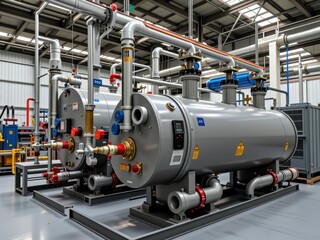 Fototapeta premium Industrial Heating System Modern Factory Equipment Energy Efficiency Pipes Tanks