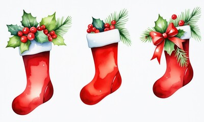 Festive christmas stockings with holly and berries watercolor art