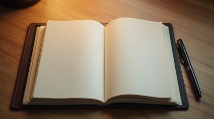 An open notebook lies on a wooden desk, its blank pages inviting creativity and ideas. The notebook features a simple design with a textured cover, and a pen rests beside it, ready for writing.