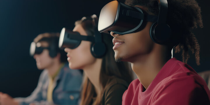 Diverse young adults experiencing virtual reality simulation