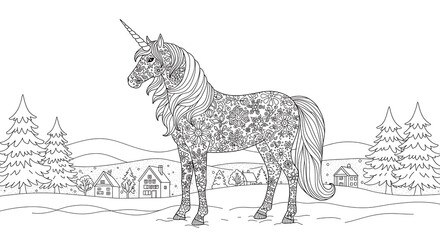 Detailed black and white winter coloring page unicorn in snowy forest landscape with houses.
