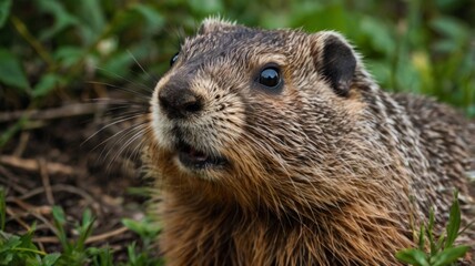 A close-up portrait of a groundhog peeking out from its burrow, with its whiskers and fur clearly visible. The background features soft earth tones, emphasizing the groundhog's connection to its envir