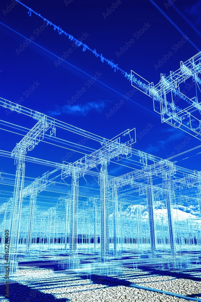 Poster blueprint-based rendering of high-voltage power connections in a desert solar power plant.