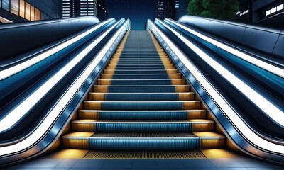 Futuristic night escalator with illuminated steps and cityscape background