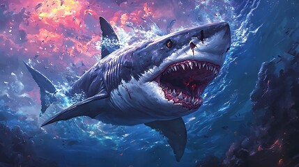 Naklejka premium Apex Predator: A Great White Shark Emerges from the Depths, a Masterpiece of Digital Art