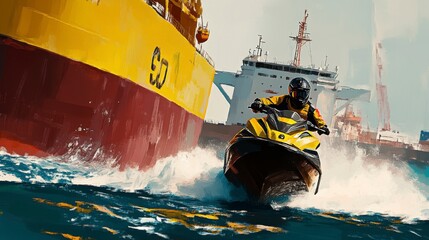 Vibrant Action Scene of a Jet Ski Rider Racing Near Cargo Ships, Capturing the Excitement of Water Sports and Maritime Activities in a Busy Port Environment