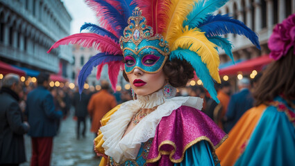 Fototapeta premium Venice Carnival Portrait, A Masked Reveler in Vivid Costume and Elaborate Detail, Capturing the Festival's Mystique