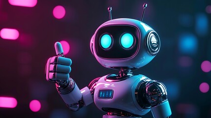 Friendly Retro Robot Giving Thumbs Up in Neon Lights