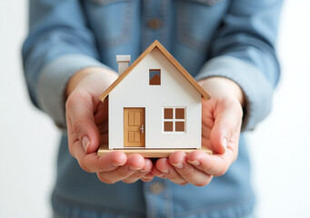 hands holding model house energy efficient concept display plain white lighted