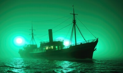 Fototapeta premium Eerie green sailing ship silhouette at sea with twin suns in misty horizon
