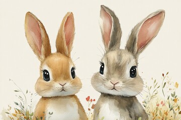 Two adorable rabbits in a floral setting, showcasing a cute and whimsical illustration.