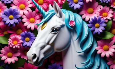 Magical unicorn with vibrant flowers: a whimsical fantasy scene