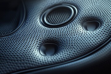 Close-up dark perforated surface, integrated speakers.