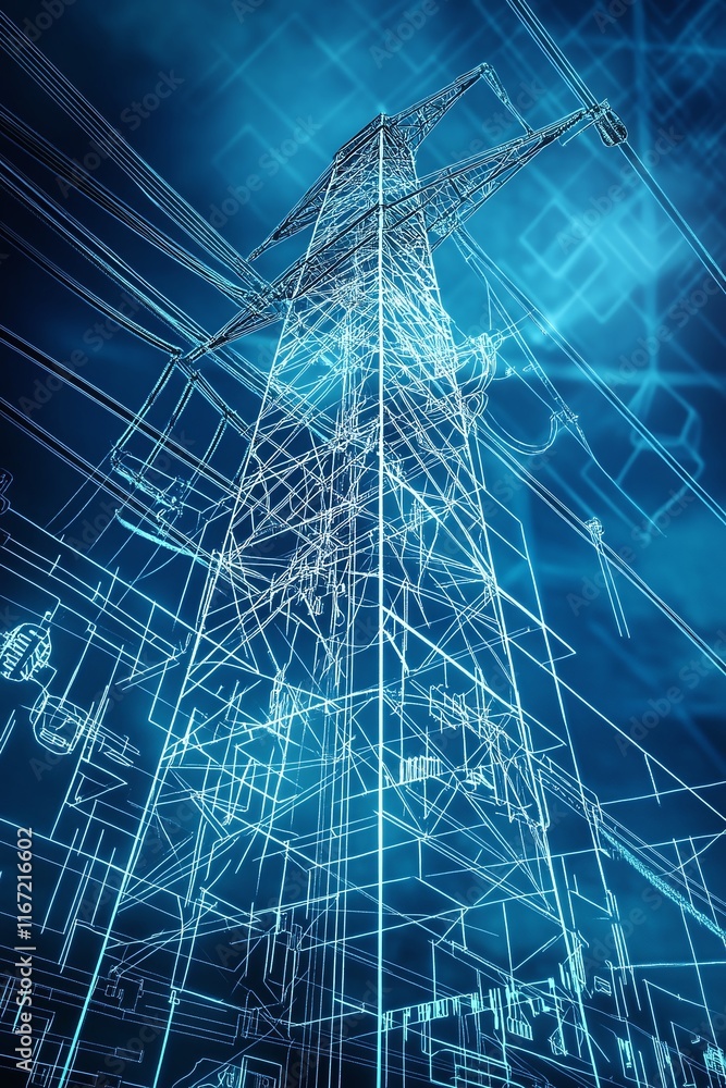 Aufkleber close-up view of a high-voltage transmission tower with labeled components and a semi-transparent bl