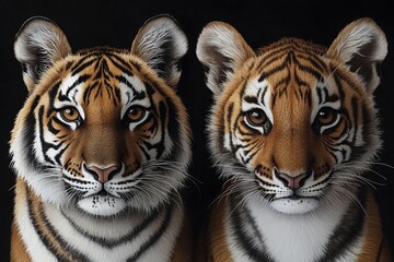 Fototapeta premium Two realistic tiger faces with detailed fur and expressions against a dark background.