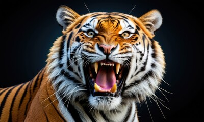 Fototapeta premium Majestic tiger roaring in the wild with intense expression against dark background