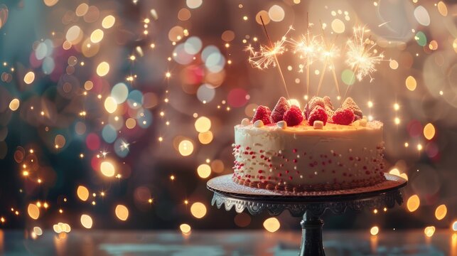 Birthday cake on a stand decorated with a sweets, sparklers on a backgrounds with lights bokeh.