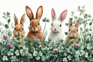 A charming illustration of four rabbits amidst lush greenery and flowers.