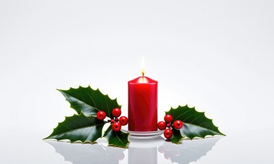 Festive red candle with holly and berries on glossy surface