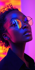 Neon lit portrait of a young African American woman wearing reflective glasses