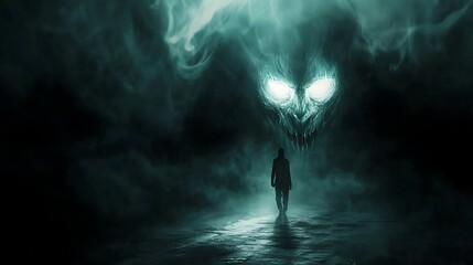Fototapeta premium Man Facing a Spectral Entity in a Dark and Mysterious Landscape