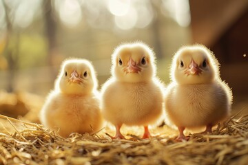 Three fluffy yellow chicks nestled in hay.