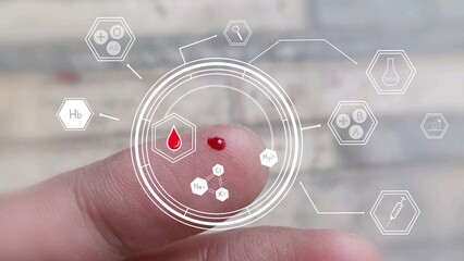 Close-up of a finger with blood drop, surrounded by futuristic medical icons and a transparent...