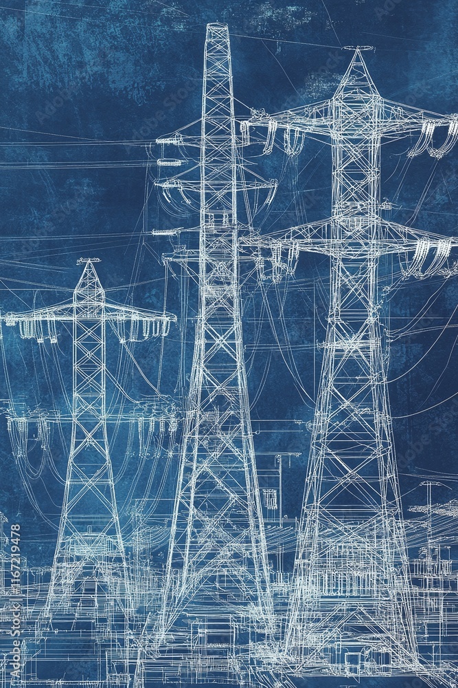 Poster detailed 3d blueprint showing the design and construction of high-voltage power towers.