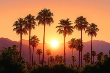 Sunset Landscape with Palm Trees and Desert Mountains in Palm Springs California