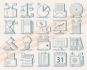 Set of vector icons related to business including briefcases charts and business tools