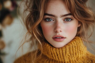 Young Woman in Yellow Sweater Smiling Indoor with Floral Elements