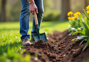 man works spring garden digging soil shovel farming gardening purposes every