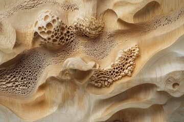 Intricate wood carving, abstract forms, textured surface.