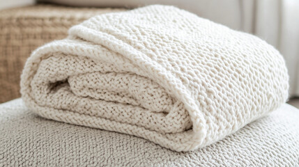 A detailed image of a soft, hand-knitted baby blanket folded on a light-colored ottoman.