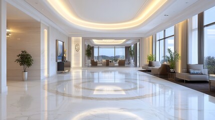 Luxurious Lobby with Panoramic Views: A grand and elegant lobby with marble floors, a circular pattern, and sleek modern furniture.