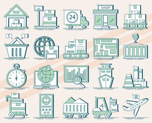 Additional logistics-themed vector icons featuring various transportation and delivery items