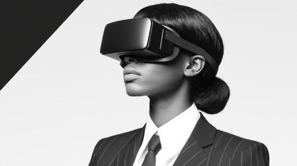 Woman in virtual reality headset wearing business suit in black and white minimalist portrait