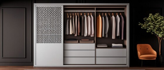 Modern wardrobe with frosted glass, organized clothing, and stylish design